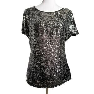 Boston Proper sequin blouse black silver split sleeve XS top cocktail Holiday